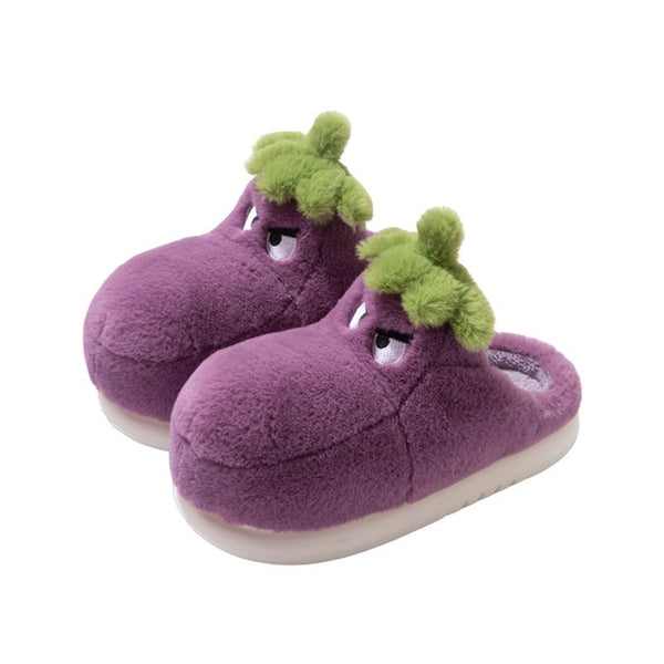 Funny Eggplant Plush Slippers – Warm Non-Slip Indoor Winter Shoes for Couples