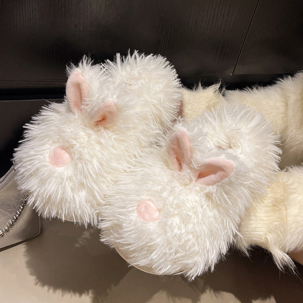 Cute Bunny Plush Slippers for Women – Warm Thick-Sole Full-Heel Indoor Shoes with Protective Toe